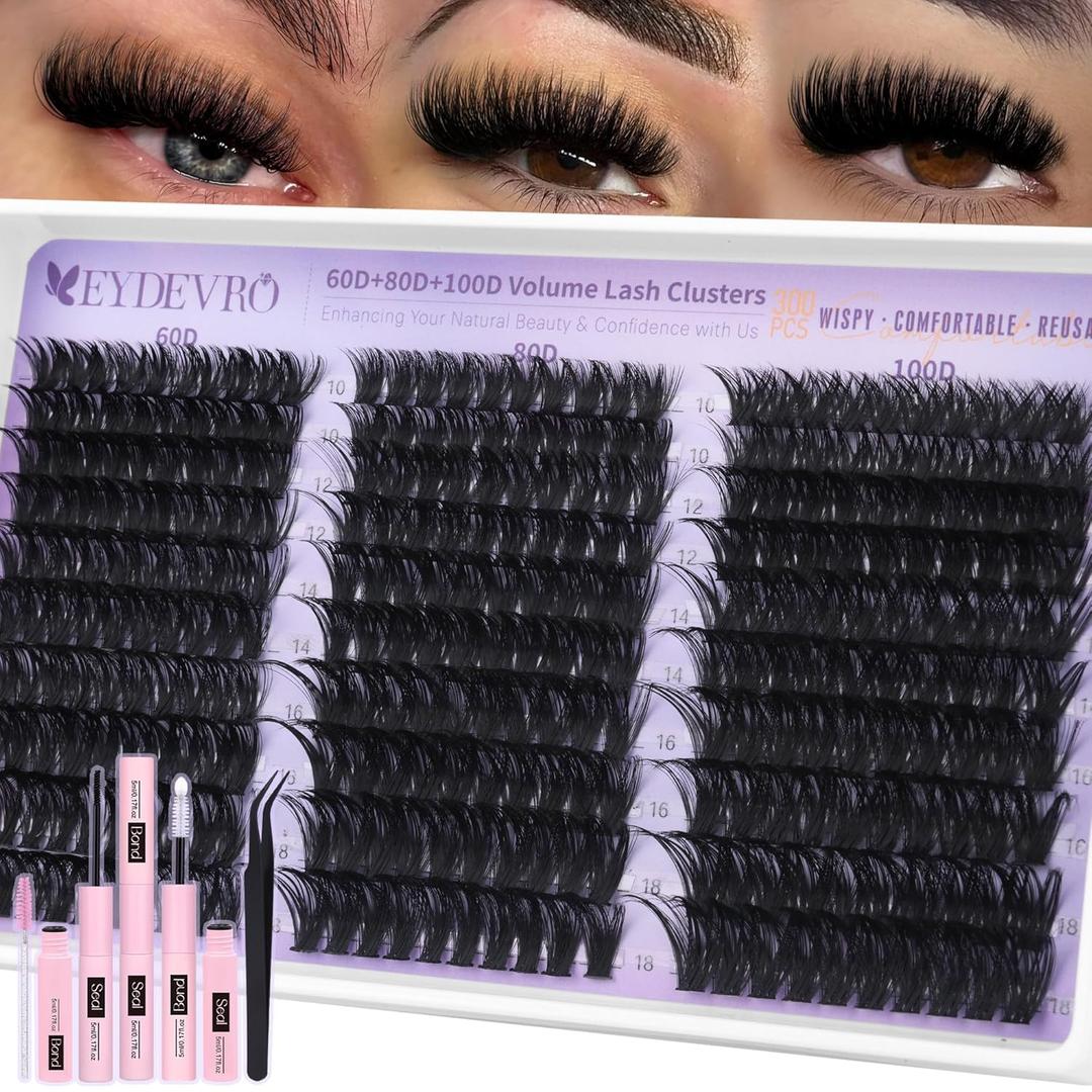 EYDEVRO Lash Clusters Kit 60D80D100D Volume Lash Extension Kit Wispy Cluster Eyelash Extensions Eyelash Extension Kit 10-18mm D Curvature Cluster Lashes with Lash Bond and Seal Tweezers Brushes