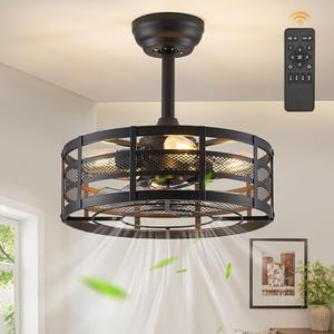 Fanbulous 16in Caged Ceiling Fans with Lights and Remote, Black Fandelier Ceiling Fan with 6 Speeds and Timing, Farmhouse Samll Fan Lights Ceiling Fixtures For Kitchen, Bedroom, Outdoor-Black