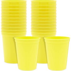 BLUE PANDA 25 Pack Yellow Plastic Stadium Cups - 16 oz Bulk Yellow Reusable Plastic Cups for All Occasions & Celebrations