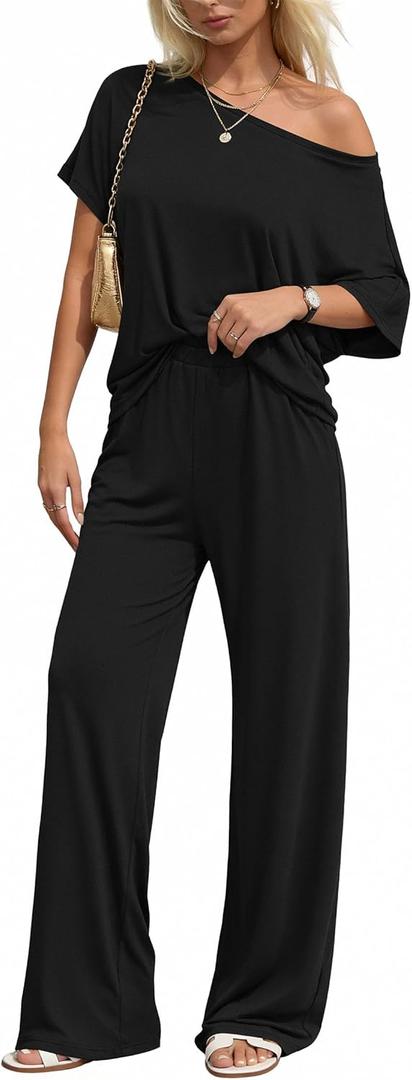 KIRUNDO Lounge Sets for Women Airport Travel Outfit 2026 Summer Off the Shoulder Tops Wide Leg Pants 2 Piece Matching Set, 3X