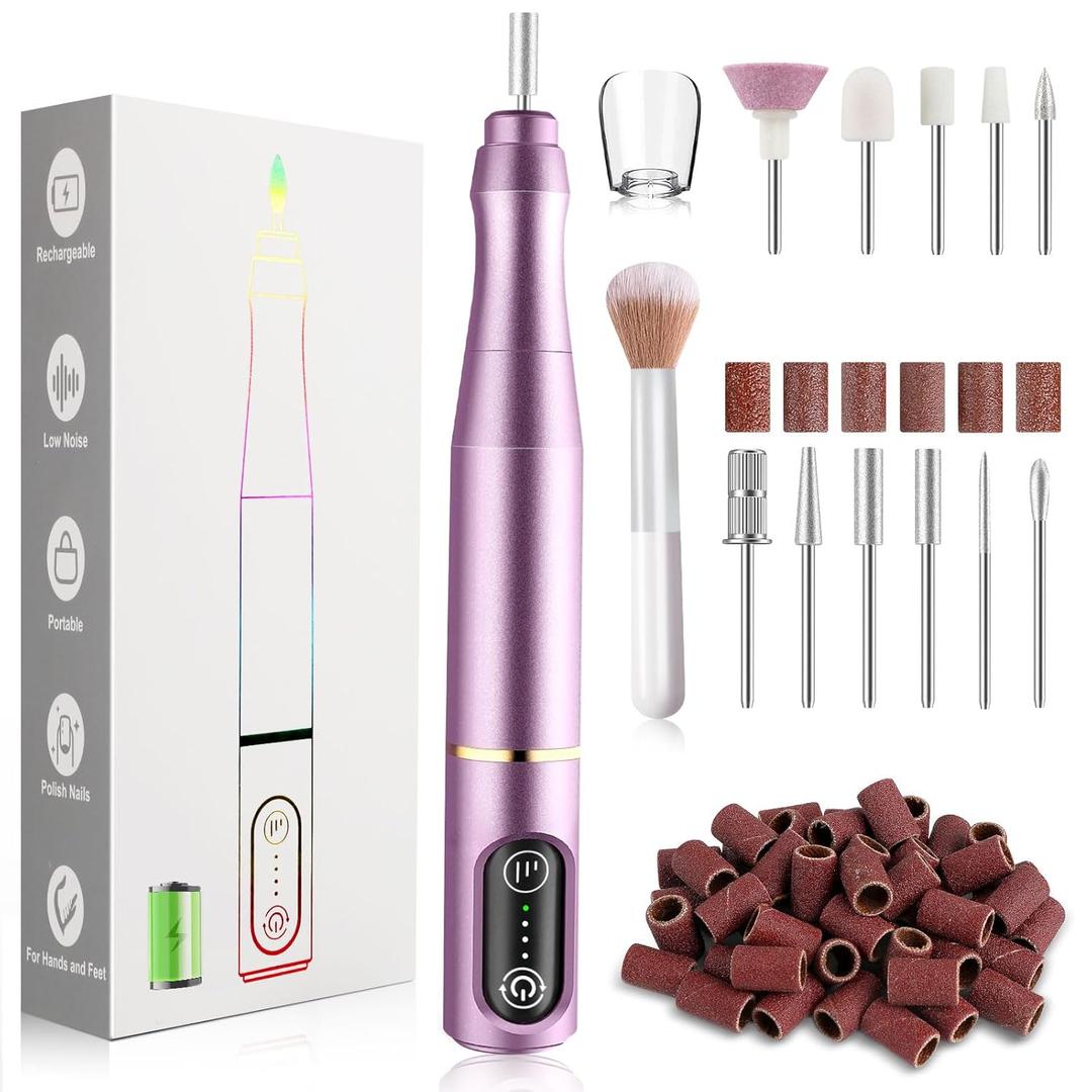 Cordless Nail Drill Electric Nail File Kit Rechargeable Professional Efile Nail Set, Portable Acrylic Gel Nail Polish Remover Machine Pedicure Manicure Tool, 11 Bits 56 Sanding Bands Salon Home (Purple)