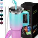 40 oz Tumbler with Handle and Straw 100% Leak-proof Coffee Tumbler Stainless Steel Insulated Travel Coffee Mug with Non Pop-off Lid, Birthday Gifts for Women Men, Water Bottle Fits in Cup Holder (Green Purple)
