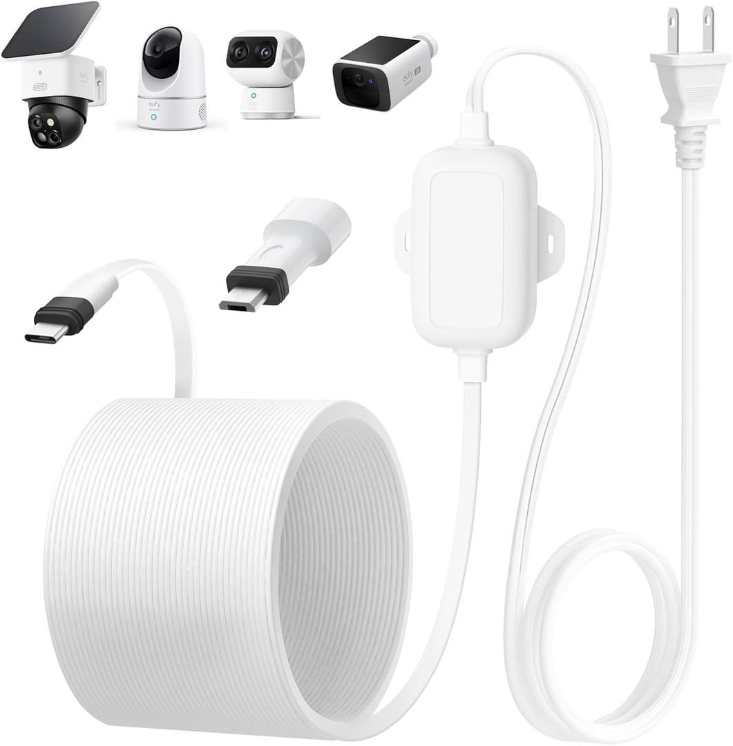 25ft Power Adapter for eufy Security SoloCam E30/S340/S220, C210, One-Piece Molding Charing Cable for eufyCam 3/S330, 3C/S300 with Extra Micro USB Adapter, Flat Power Cord for eufy Outdoor Use, IP67