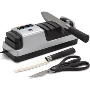 Silver Professional 3-Stage Electric Knife Sharpener for Kitchen Knives, LCD Screen, 100% Diamond Abrasive, Adjustable Rotational Speed, Precision Angle Guides for All Kitchen Knives