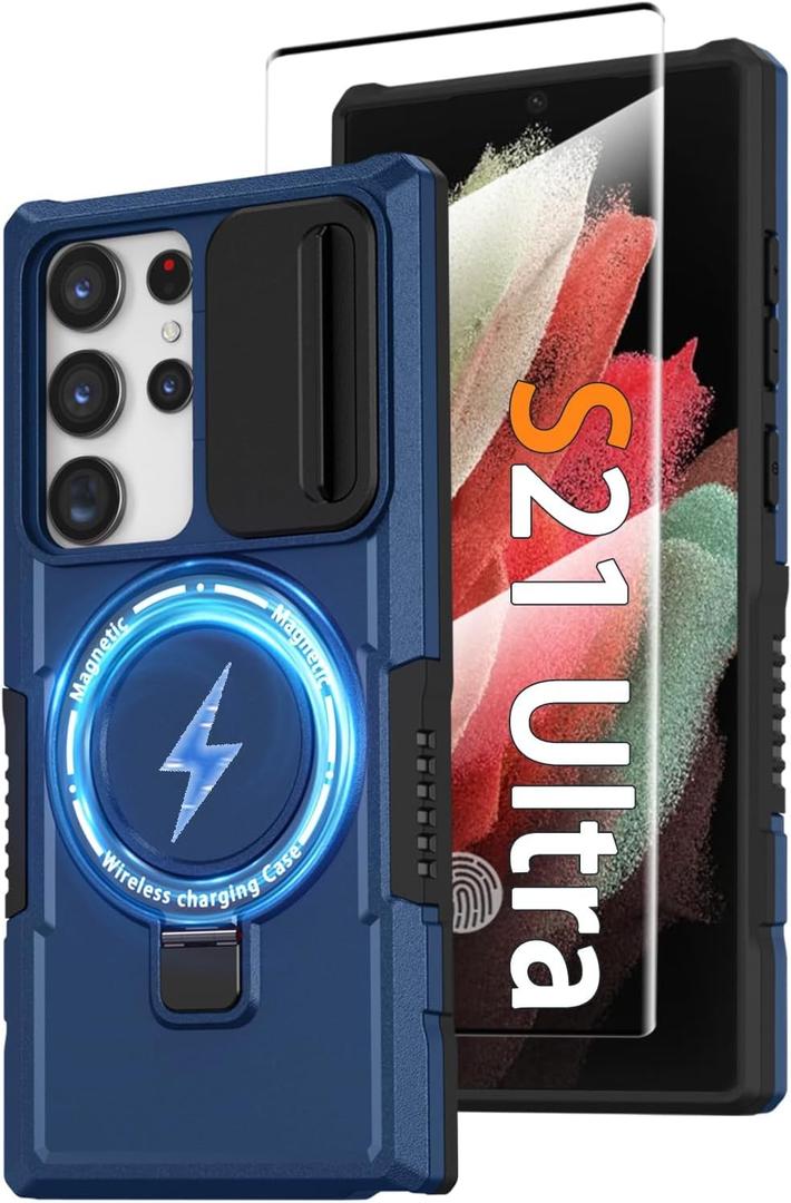 Magnetic Case for Samsung Galaxy S21 FE, with Ring Stand [2X Screen Protector] [Compatible with MagSafe] Military Grade Case with Camera Cover, Shockproof Cover for Samsung S21FE 5G 6.4 inch, Blue