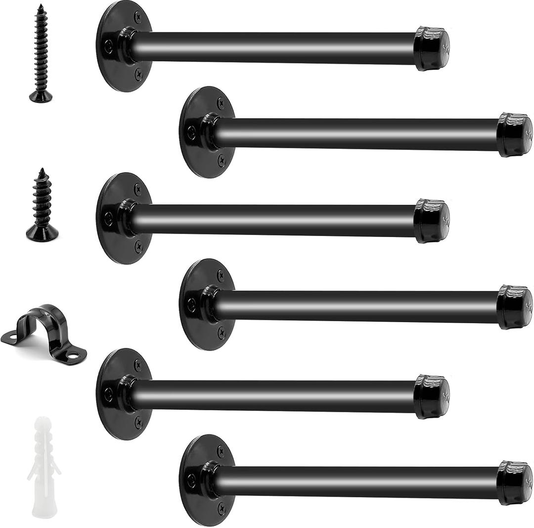 6 Pack Pipe Shelf Brackets 8 Inch, Industrial Iron Pipe Floating Shelves Bracket Heavy Duty Metal Shelving Brackets for DIY Shelves