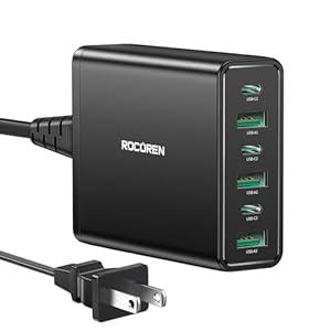 USB C Charger, Rocoren 6-Port PD3.0 & PPS USB C Charging Station, 114W Total (20W*3+18W*3) Portable Multiport USB Desktop Charger for iPhone 16/15/14/13, iPad Pro/Air, Samsung S25