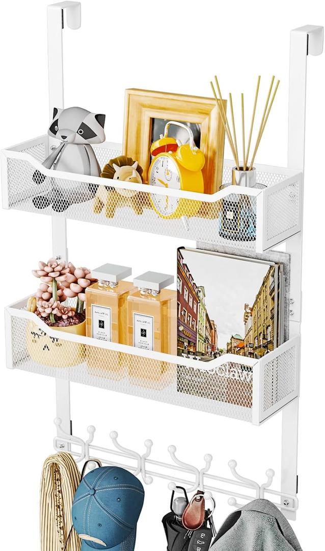 SWTYMIKI Over The Door Hook with 16 Hooks & 2 Mesh Baskets - Heavy Duty Over The Door Organizer Hanger for Towels, Coats, Clothes - Space Saving Hanging Rack for Bathroom, Living Room, White