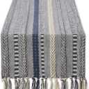DII Farmhouse Braided Stripe Table Runner Collection, 15x108 (15x113, Fringe Included), French Blue