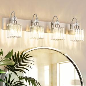 Ralbay Crystal Brushed Nickel Vanity Light for Bathroom 4-Light Modern Bathroom Light Fixtures