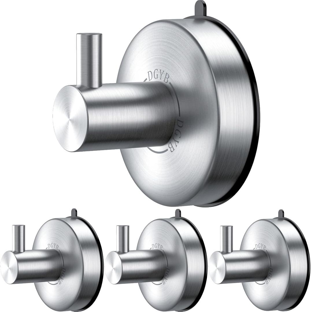DGYB Suction Cup Hooks for Shower Set of 4 Brushed Nickel Towel Hooks for Bathrooms SUS 304 Stainless Steel Shower Hooks for Loofah 15 Lb Bathroom Hooks for Towels