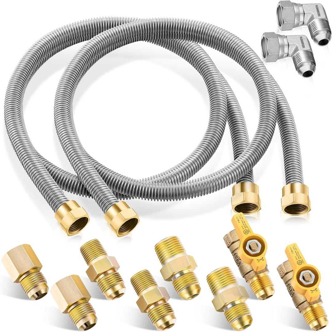 Saillong 2 Pack 24 Inches Gas Hose Connector Universal Gas Appliance Hook Up Kit, with 1/2" On/Off Valve and 4 Couplings for Propane Stove Wall Mounted Heater, Flexible Connector for Propane Heater