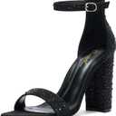 GENSHUO Women's 4-inch Chunky High Heel Sandals with Ankle Strap, Party Wedding Bridal Shoes Sparkly Black Rhinestons Size 11