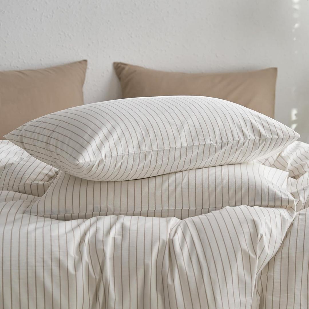 MooMee Bedding Pillowcases Striped Pack of 2 100% Washed Cotton Linen Like Textured Breathable Durable Soft Comfy (White Tannish Linen Grey Wide Stripes, Standard)