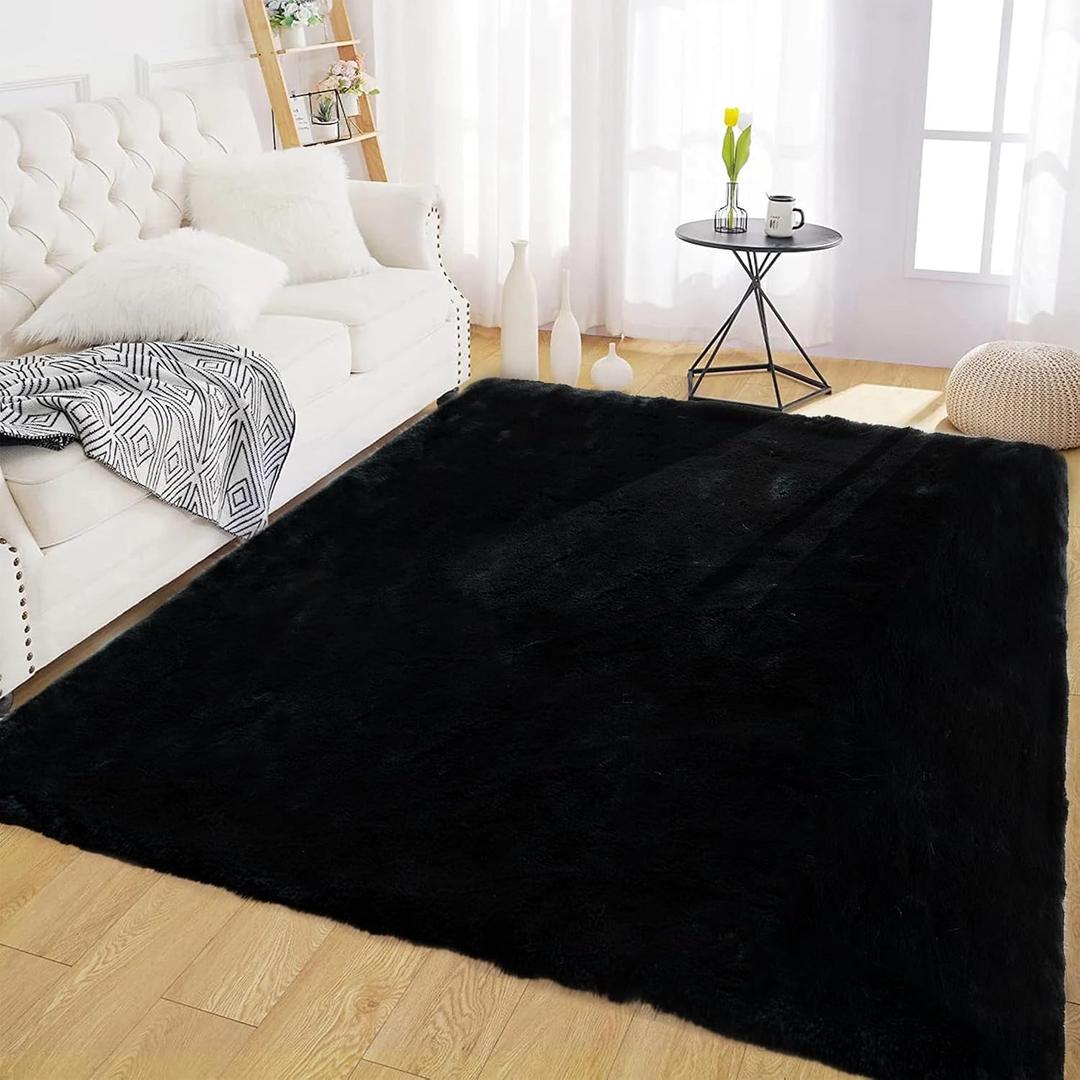 Latepis 5x7 Area Rugs Black Fluffy Washable Faux Fur Rug Shaggy Rabbit Fuzzy Shag Rug for Living Room Floor Nursery Bedroom Large Rugs Home Decor