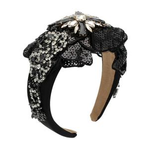 Floral Sequin Headband for Women Big Crystal Flower Bling Bling Sequined Sparkly Elegant Decorative Hairband Hair Accessories (H1092-black)