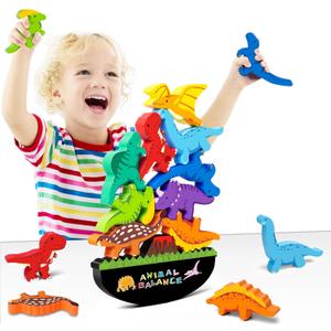 FFTROC Montessori Dinosaur Toys for 2 3 4 Year Old Boys - Wooden Stacking Dinosaur Toys for Kids 2-4 3-5, Toddler Balancing Block Sets (Multiple Colour 1)