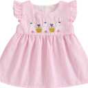 4th of July Baby Girl Outfit Letter Bow Smocked Dress Fly Sleeve A-Line Princess Dress Cute Independence Day Clothes (Pink), Size 80