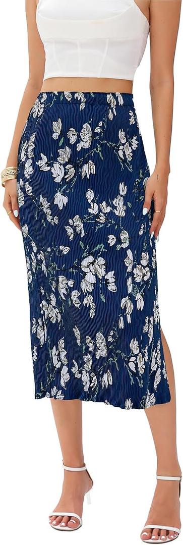 Midi Skirts for Women with Slit Long Knee Length Floral Elastic Pleated High Waisted Womens Skirt