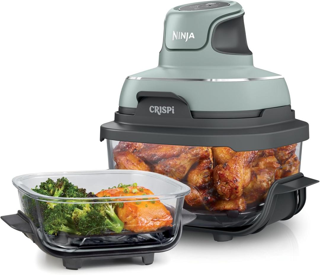 Ninja Crispi 4-in-1 Glass Air Fryer | 450F | Non-Toxic | 4QT & 6-Cup Glass Containers w/Lids | Microwave, Freezer, Dishwasher Safe | Max Crisp, Air Fry, Bake, Recrisp | Green | FN101SG (Sage)