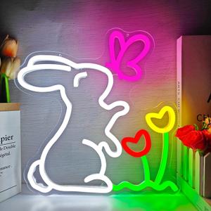 Spring Bunny & Butterfly & Tulip Flower Neon Sign Dimmable Easter Bunny Led Sign Cute Spring Rabbit Neon Light Sign Easter Window Lights Gardening Gifts