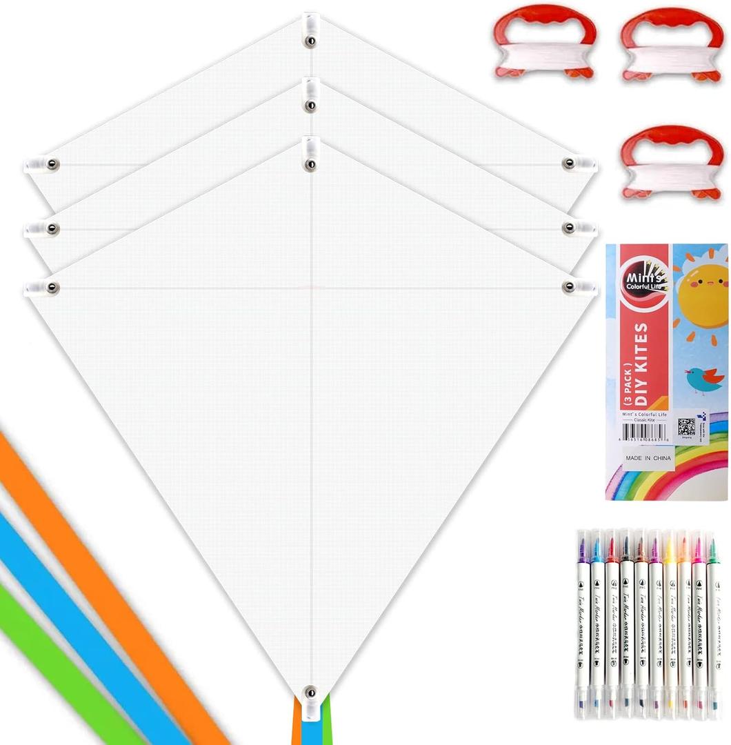 DIY Kites for Kids Kite Making Kit Bulk, Decorating Coloring Kites Party Pack,White Diamond Kite Kits (3 Pack)