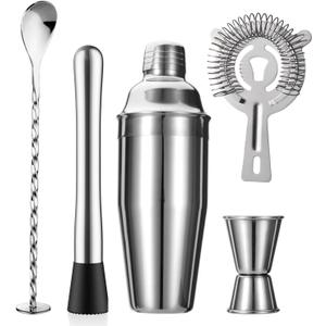 5-Piece Cocktail Shaker Set Shaker Strainer Jigger T-Mixing Spoon Muddler Bartender Kit Stainless Steel Bar Set Housewarming Gift