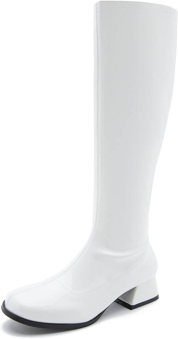 Enelauge Gogo Boots for Women Square Toe Chunky Knee High Boots Side Zipper Boot Disco Costumes Dress Party Boots (6.5)