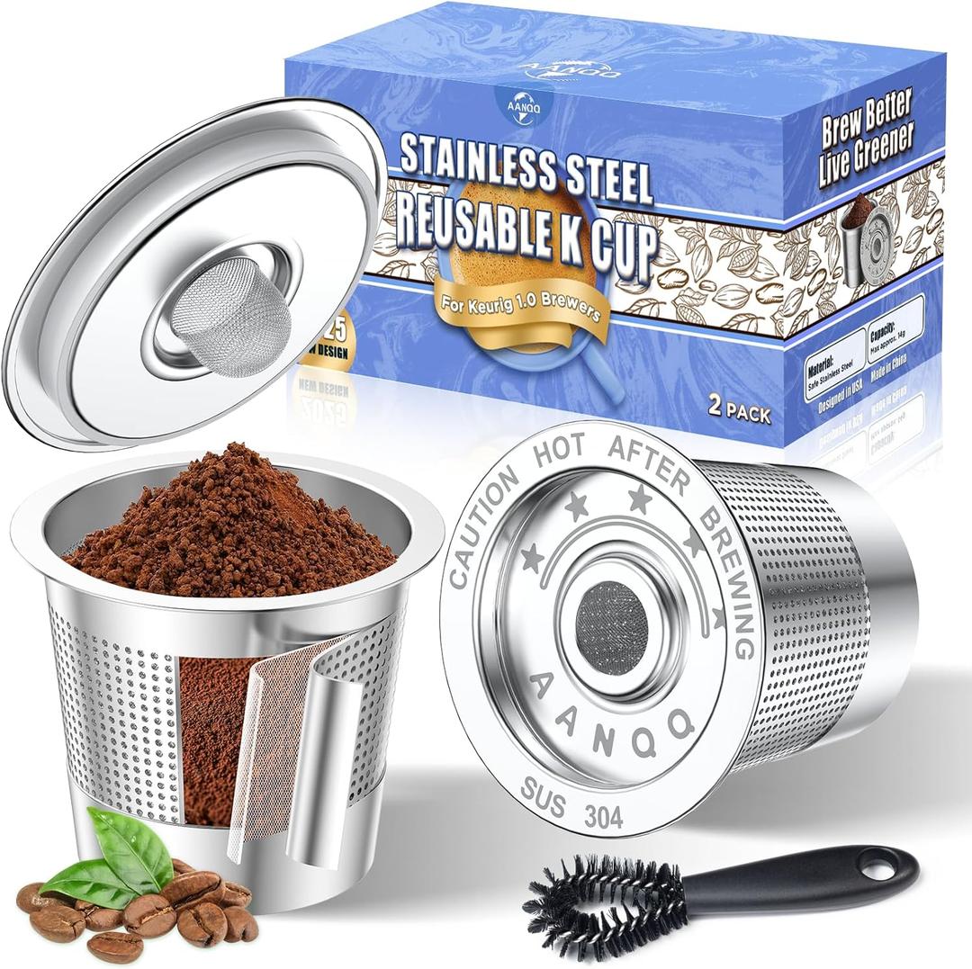 AANQQ Reusable K Cups for Keurig: Upgraded Dual-Layer Mesh Stainless Steel K Cup - Refillable Metal Coffee Pods Filter Fit Keurig 1.0 Coffee Maker - Richer Coffee/NO-Residue/Eco-Friendly (2-Pack)