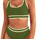 BMJL Women's High Waisted Bikini Sets Sporty Two Piece Swimsuits Color Block Cheeky High Cut Bathing Suits(Small, Army Green)