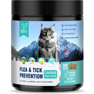 Flea Treatment for Cats 300 Treats Natural Flea and Tick Prevention Supplement for All Cats - Skin & Coat Care, Immune System Boot, Digestive Gut Health, Daily Oral Flea Supplement Chicken Flavor