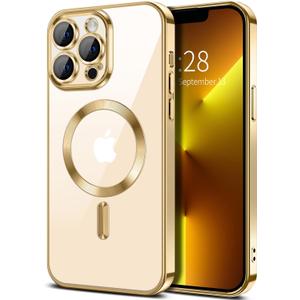 Hython Magnetic Clear for iPhone 13 Pro Case with Camera Lens Protector [Compatible with MagSafe] Luxury Plating Edge Slim Soft TPU Cover Protective Phone Case for iPhone 13 Pro 6.1", Gold
