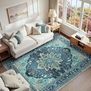Area Rugs 6'x9' Washable Non-Slip, Floral Vintage Distress Print Pattern Medallion Carpet for Living Room Bedroom Dining Room, Teal Green Lake Blue Turquoise