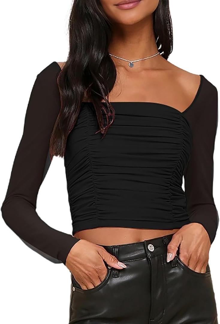 Aisbei Women's Sexy Square Neck Mesh Tops Ruched Long Sleeve Shirts Sheer See Through Going Out Top Blouse