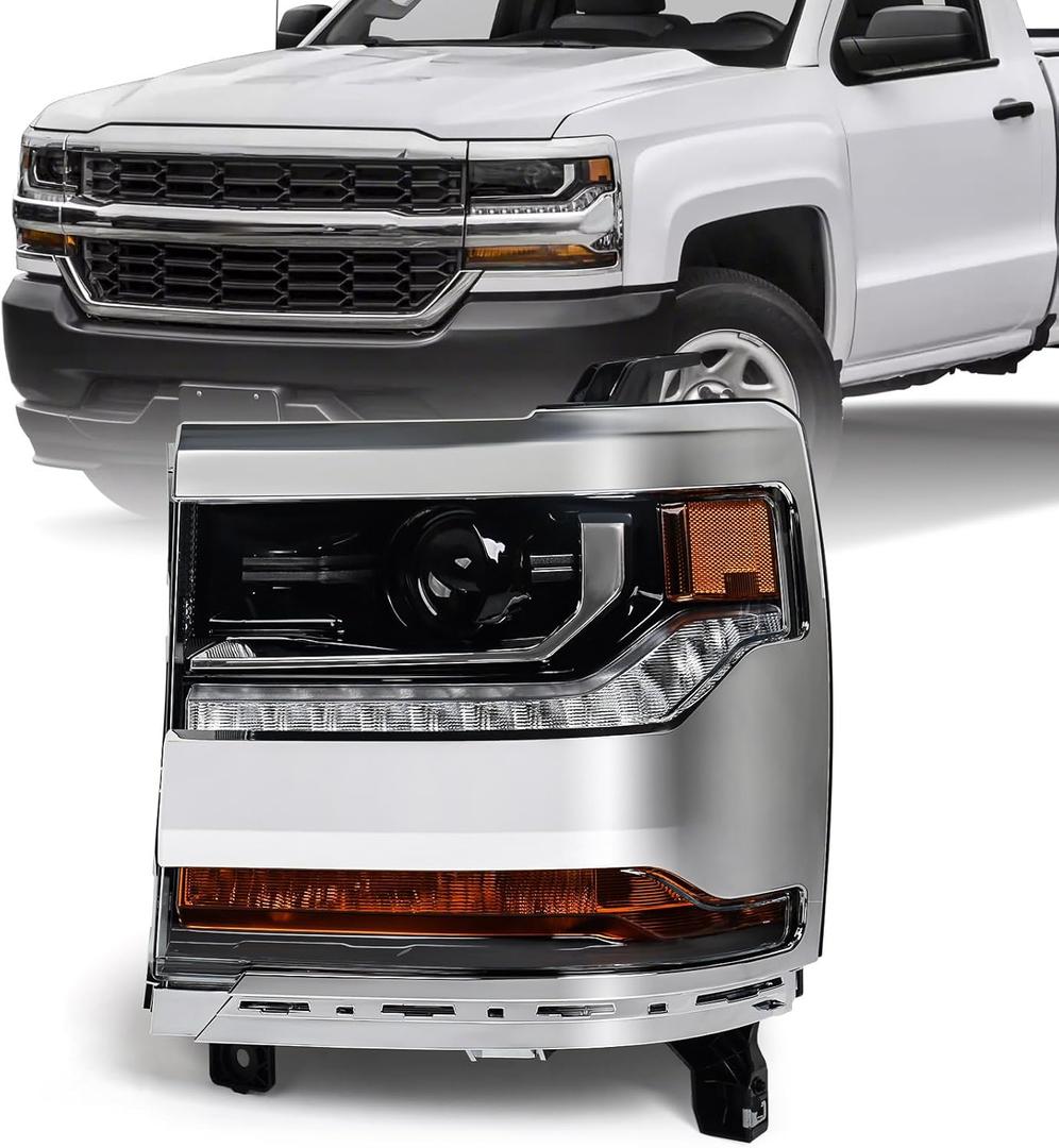 Headlight Assembly Compatible with Chevy Silverado 1500 2016 2017 2018 (Hid/Xenon Model) Factory Replacement Head Light Lamp Chrome Housing Left Driver Side