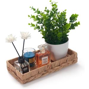 Woven Bathroom Vanity Tray for Storage Water Hyacinth Back of Toilet Basket Long Narrow Guest Towel Holder (Natural 10.2 x 4.9 x 1.8 inch)