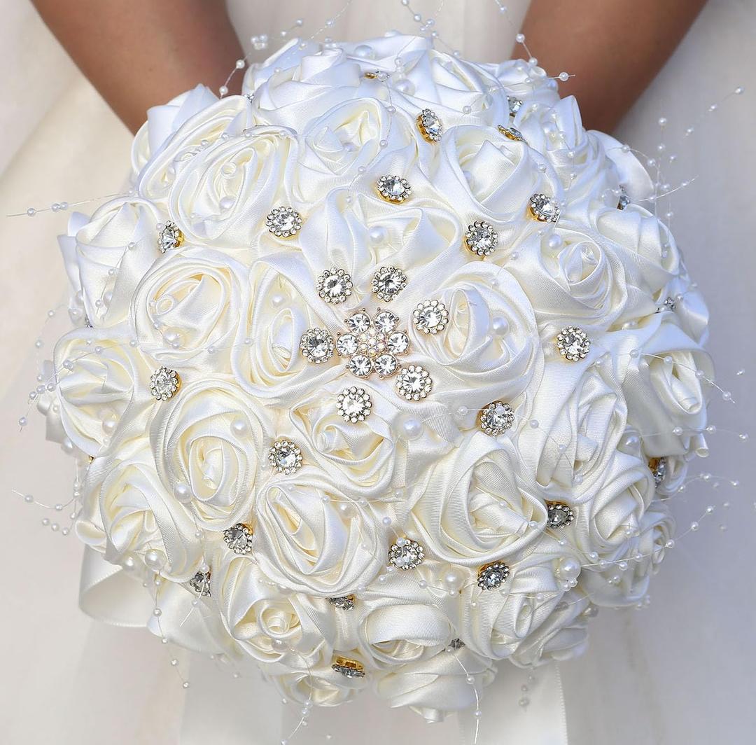 Bridal Wedding Bouquet Round Bling Brooch Bouquet Throw Toss Artificial Rose Flower Bunch for Bride Bridesmaid Wedding Quinceanera(Ivory, 9.8")
