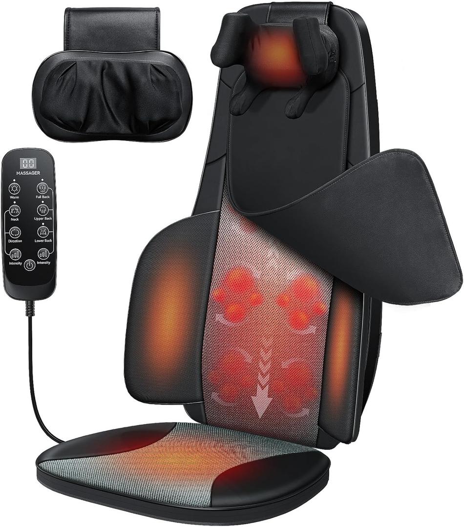 Shiatsu Neck and Back Massager for Chair with Heat, 2 Interchangeable Attachments Full Back Massage Pad Deep Tissue, Adjustable Height 3-Level Intensity for Office Home, Masajeador de Espalda, Black