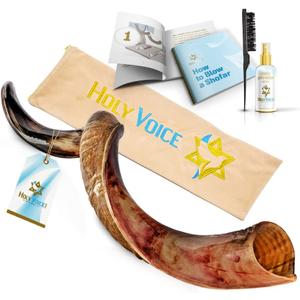 Holy Voice Kosher Kudu Shofar Horn from Israel 32"-36" Traditional Half-Polished Yemenite Shofar Set Includes Carrying Bag, Brush and Blowing Guide - Easy Blowing Ancient Musical Instrument