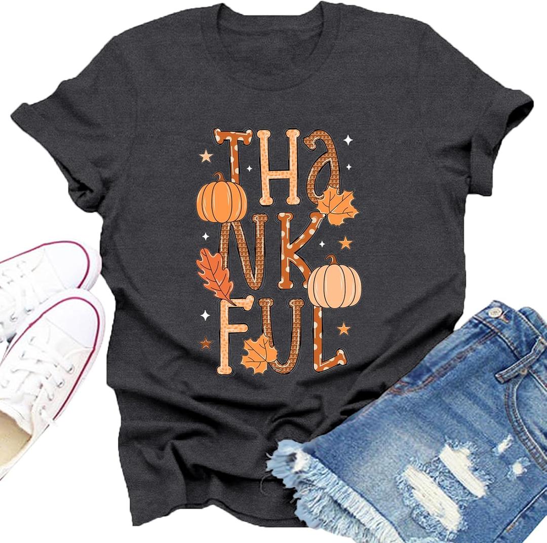 Thanksgiving Shirts for Women Thanksgiving T-Shirt Thankful Pumpkin Leaf Tee Tops (Small, Grey)