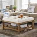 24KF Large Square Upholstered Tufted Linen Ottoman Coffee Table, Large Footrest Ottoman with Solid Wood Shelf-Ivory, 33.5"D x 33.5"W x 18"H