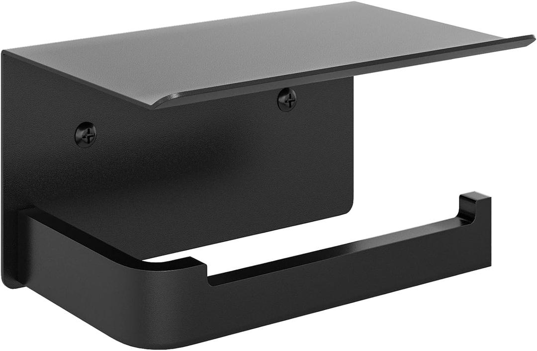 Toilet Paper Holder with Phone Shelf, Matte Black Toilet Paper Holder Wall Mount, Rustproof Stainless Steel Bathroom Storage (Metal)