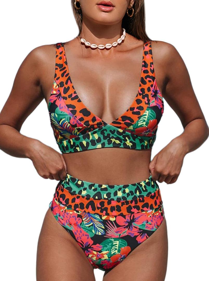Hilinker Women's Leopard Bikini Swimsuits V Neck High Waisted 2 Piece Bathing Suits (Large, Coral)