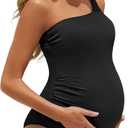 Summer Mae Maternity Swimsuit One Piece One Shoulder Ribbed Pregnancy Bathing Suit (Medium, Black)