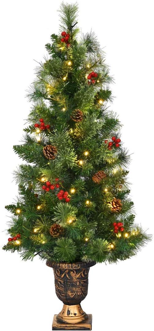 Goplus 5 FT Christmas Tree Pre-Lit Tabletop Artificial Entrance Tree with 100 Led Lights, Gold Urn Base, Pine Cones and Red Berries
