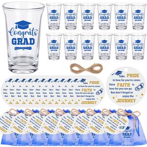 Jingmore 50 Set Graduation Acrylic Shot Glasses for 2026 Congrats Grad Party Favors, Reusable 1.2 oz Clear Shot Glasses with Round Gift Cards and Organza Bags for High School College Graduates (Blue)