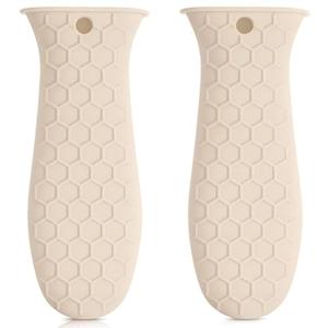 Patelai 2pcs Silicone Handle Cover for Cast Iron Skillet Kitchen Silicone Handles for Pots and Pans Non-Slip Pot Holder Sleeve for Fry Pan Griddles Metal Aluminum Cookware(Beige)
