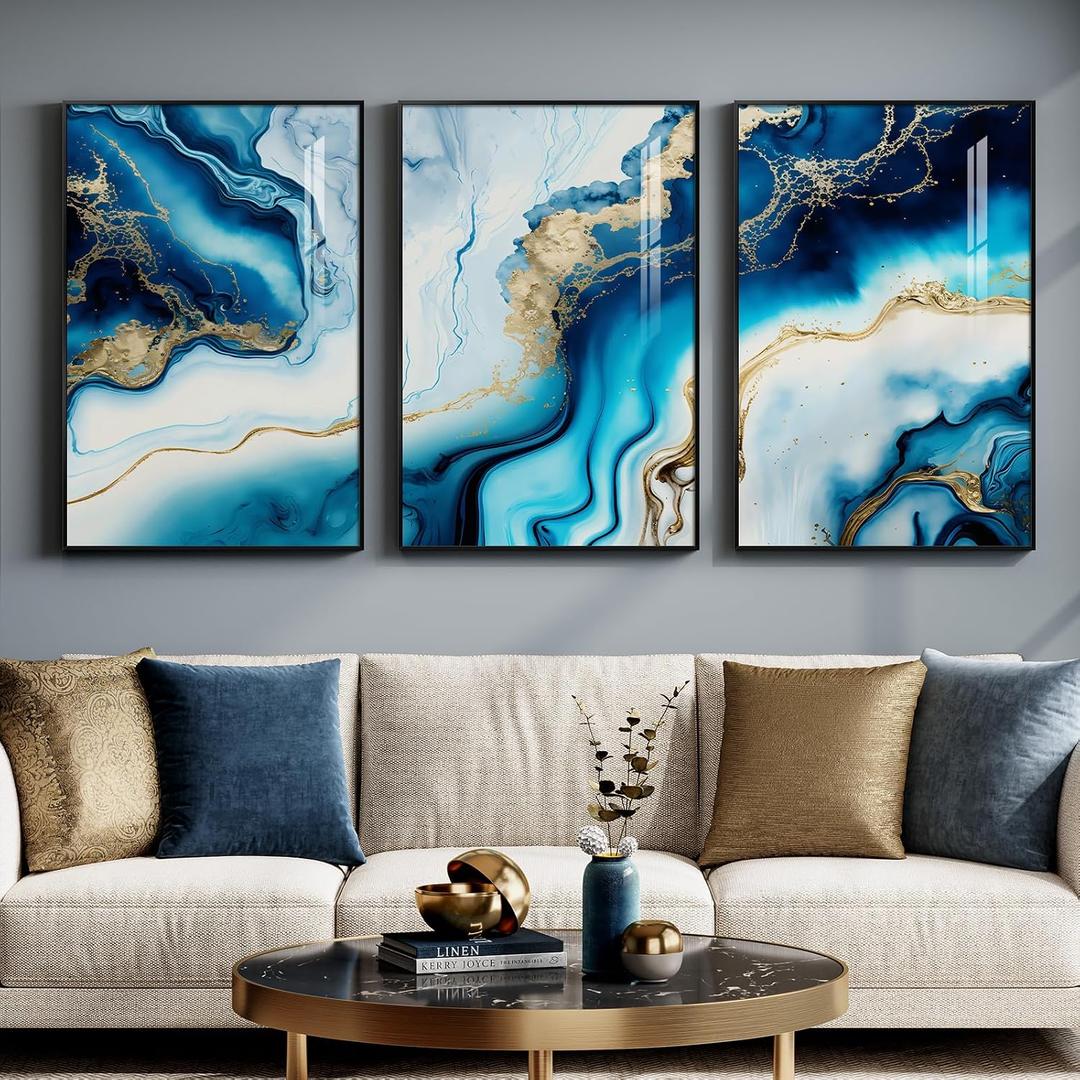 Large Framed Modern Elegant Abstract Wall Art for Living Room, 3 Piece Contemporary Blue and Gold Bright Prints Paintings Artwork for Walls, Luxury Pictures for Hallway Home Office Wall Decor 24x36 In, 24" W x 36" H x 3Pcs