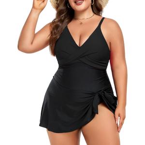 Women Plus Size Swim Dress Tummy Control One Piece Swimsuit V Neck Wrap Full Coverage Bathing Suit Cute Tie Knot (4X-Large Plus, Black-1 Pack)