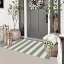 Boho Striped Front Door Mat Outside Entrance 2x4.3,Green and White Washable Porch Rug Runner,Cotton Hand Woven Indoor Outdoor Rugs,Foldable Farmhouse Layered Door Mats for Entryway